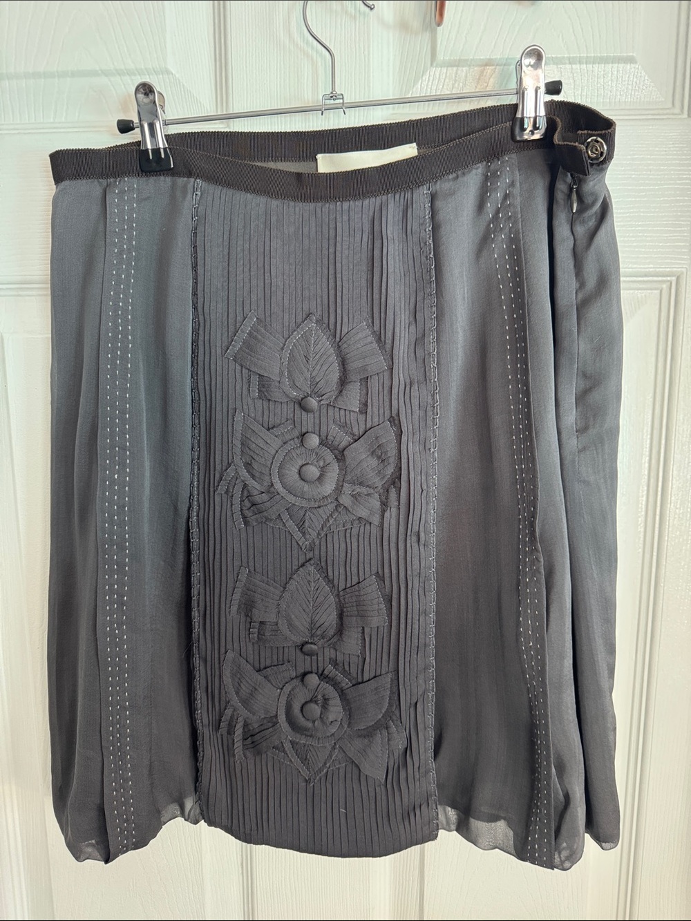 Gray Pleated Skirt with Floral Embroidered Panel one of a kind work of art